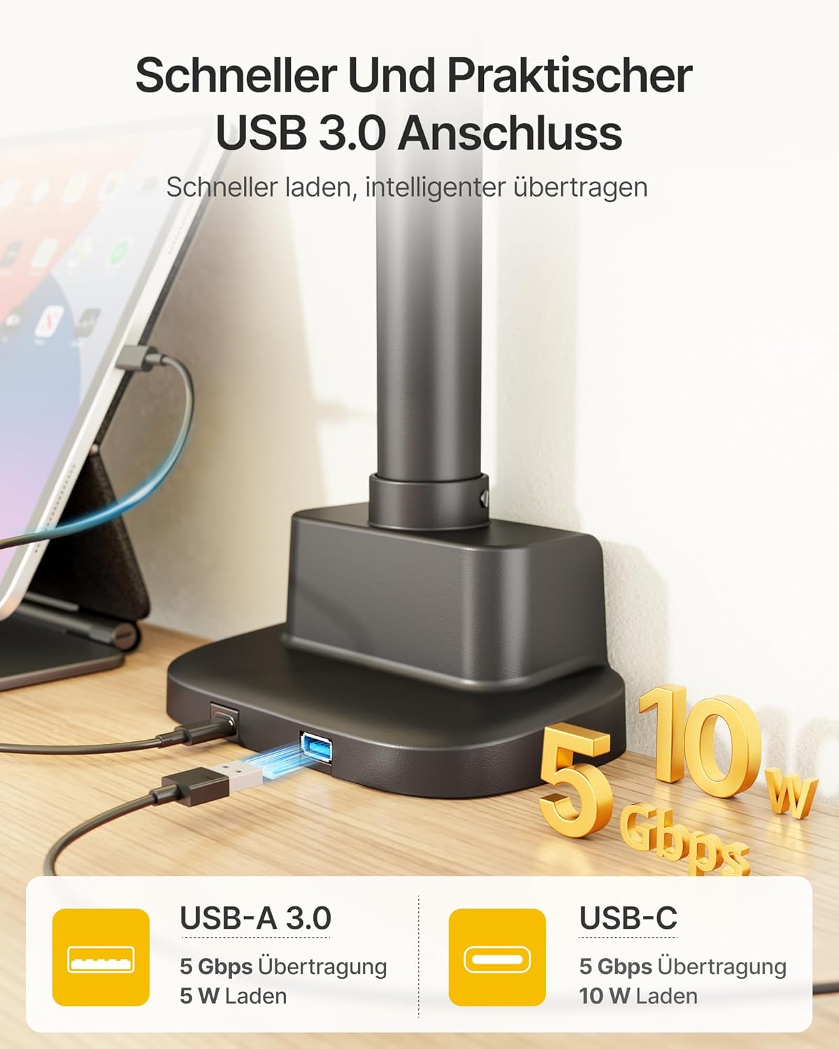 monTEK Monitorhouder 2 monitoren voor 17-35 inch beeldschermen tot 11 kg, hoge monitorarm met USB, 360° draaibaar, monitorhouder met kantelen, draaien, VESA 75/100, MA1011UCPBK-D