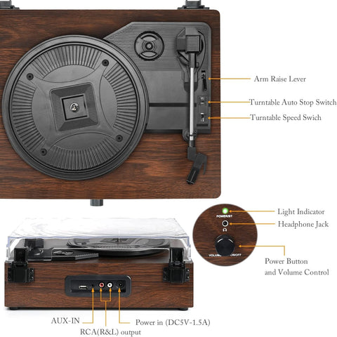 Platenspeler - Geïntegreerde Luidsprekers - Vintage Fonograaf - met Bluetooth-Riemaandrijving - 3 snelheden - voor Muziekgenot - Woondecoratie - Hout - Koffie