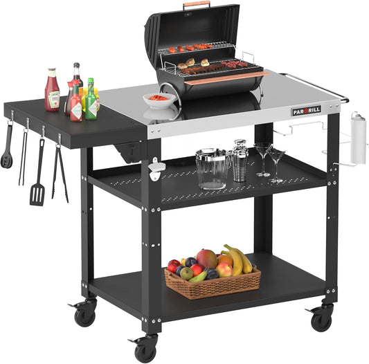 PARGRILL barbecuetrolley mobiele serveerwagen met 3 niveaus, opklapbare zijtafel en 360° zwenkbare wielen met rem - Multifunctionele roestvrijstalen buitenbarbecuetafel voor BBQ en tuin