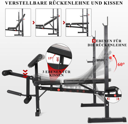 Multifunctionele halterbank, verstelbare trainingsbank met beencurler, 7-traps hoogteverstelling, zwart