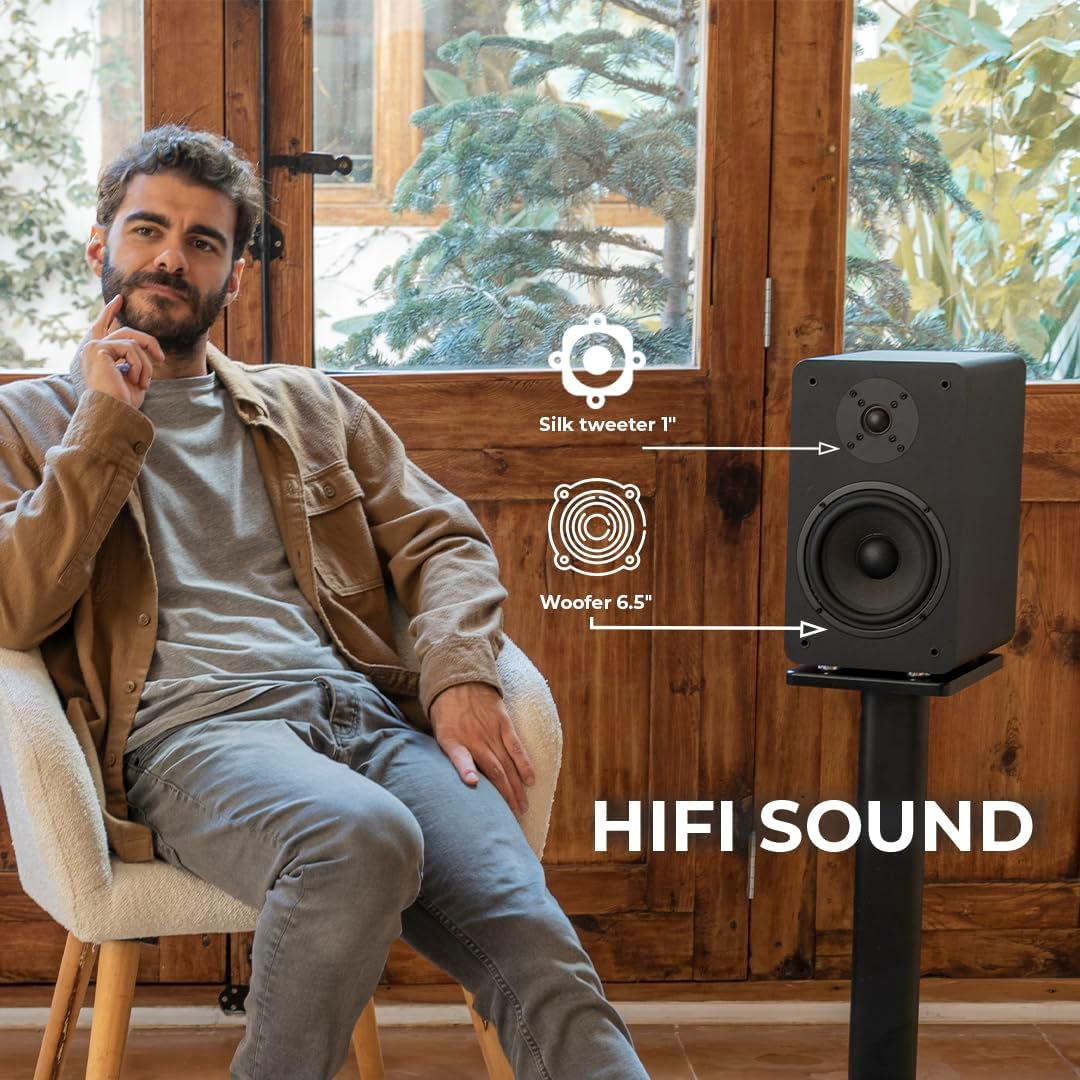 VULKKANO A6 ARC Luidspreker met 16,5 cm (6,5 inch) woofer, Bluetooth 5.0, HDMI ARC, optisch, RCA, USB, met subwoofer-uitgang, hifi-studio-monitoren met elegant design, zwart