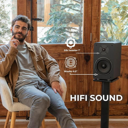 VULKKANO A6 ARC Luidspreker met 16,5 cm (6,5 inch) woofer, Bluetooth 5.0, HDMI ARC, optisch, RCA, USB, met subwoofer-uitgang, hifi-studio-monitoren met elegant design, zwart