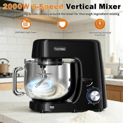 Keukenmachine, kneedmachine, 1800 W, deegmachine met 7,2 l roestvrijstalen kom, 6 snelheden gereduceerd geluid, multifunctionele kneedmachine met garde, menghaak, deeghaak, spatbescherming