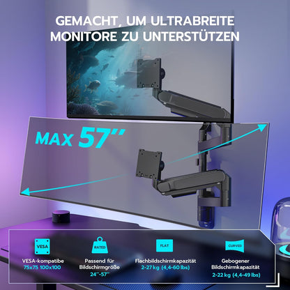 ARES WING Monitor muurbeugel 2 monitoren, voor Ultra Wide 24-57 inch beeldschermen, 27 kg/arm, VESA 75/100, gasdrukveer, pc-monitor, volledige verstelbare monitorhouder voor kantoor en gaming