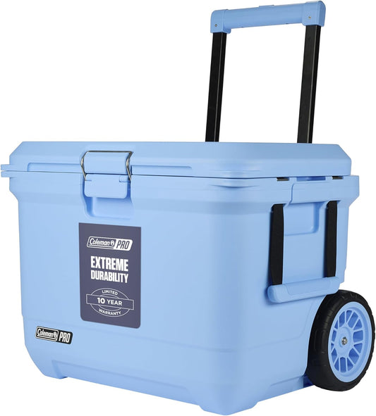 Coleman PRO Heavy-Duty geïsoleerde harde koeler met wielen | 52 L inhoud | Houdt ijs voor 5 dagen | Volledige schuimisolatie | Grote duurzame draagbare koelbox voor robuust buitengebruik en