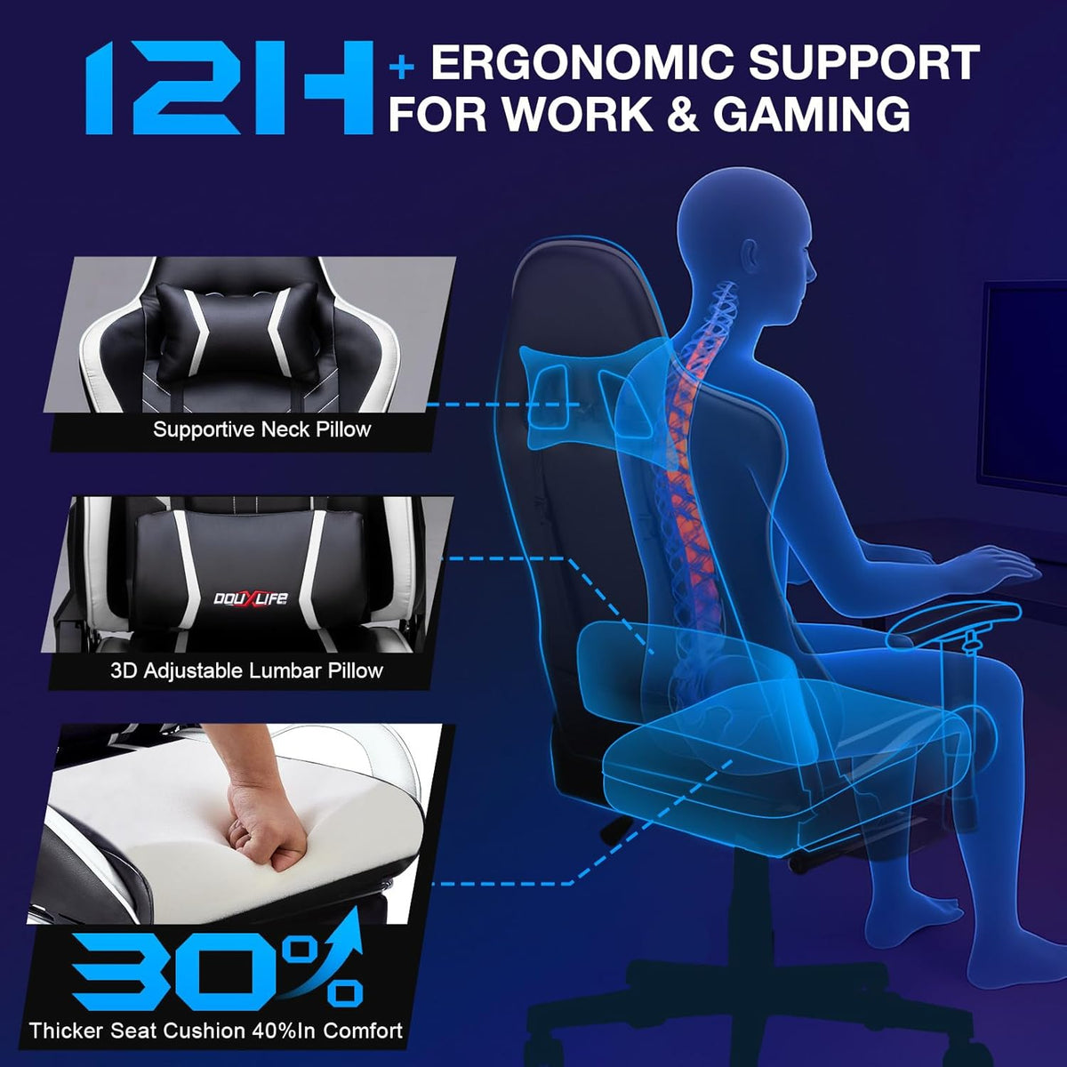 Douxlife Gaming Stoel, met 7-punts Massage, Ergonomische bureaustoel met Voetensteun, 90-175° Rugleuning Instelbaar, Verstelbare 2D-Armleuning, PC-gamerstoel, Bureaustoel, 180 kg, Zwart-wit