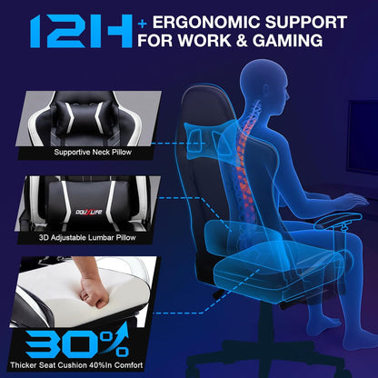 Douxlife Gaming Stoel, met 7-punts Massage, Ergonomische bureaustoel met Voetensteun, 90-175° Rugleuning Instelbaar, Verstelbare 2D-Armleuning, PC-gamerstoel, Bureaustoel, 180 kg, Zwart-wit