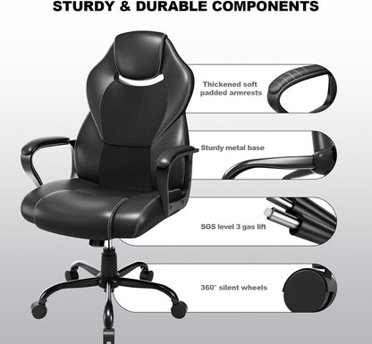 BASETBL Bureaustoel, directiestoel, 150 kg, bureaustoel, bureaustoel, gamingstoel, ergonomisch PU-leer, pc-stoel, draaistoel met zachte gevoerde armleuningen, kantelfunctie, zwart