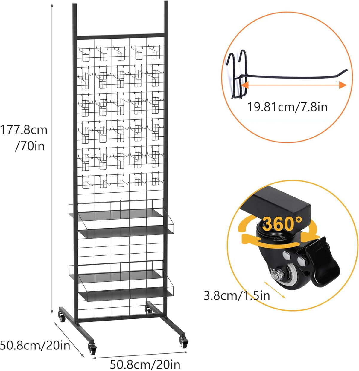 Pegboard displaystand – Displayrek – Winkelrek – Presentatierek – Displaystandaard – Zwart, vrijstaand model met wielen – Inclusief 50 haken en 4 planken – 70 x 51 x 178 cm