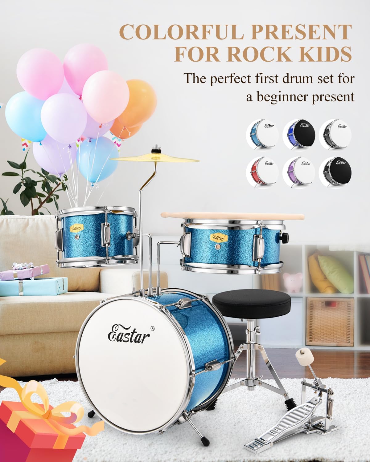 Eastar 3-delig voor kinderen, 3-delig voor beginners, 14 inch drumset met verstelbare troon, bekken, pedaal en twee paar drumsticks, junior drumset met bas Tom snaredrum, metallic hemelsblauw
