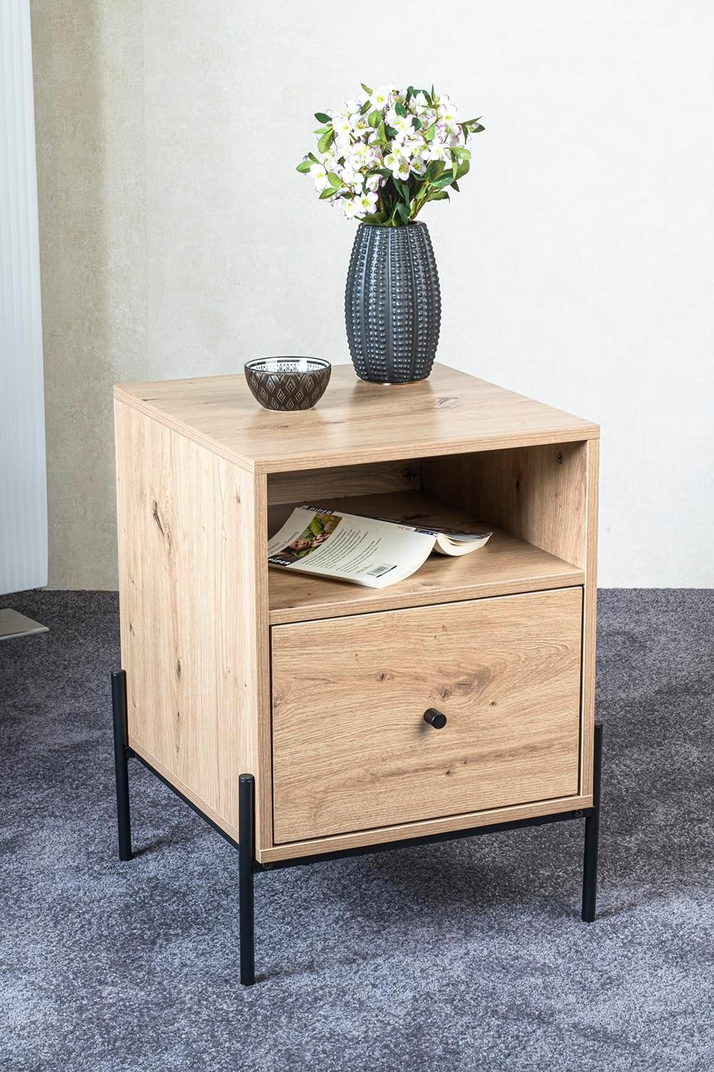 HAKU Console eiken, zwart, MDF, metaal - Maat: B 45 cm x H 60 cm x D 47 cm, Stijl: Modern