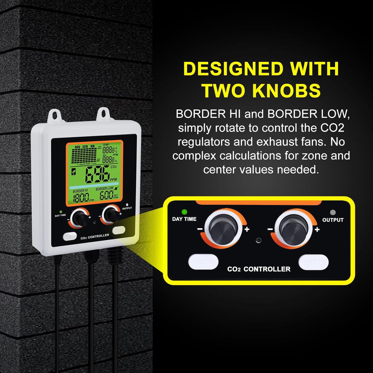 CO2 Controller With Dual Outlets for Grow Room, Automatic Control Between Regulators and Ventilators, NDIR Sensor Monitor With Large Display Graph, Temperature