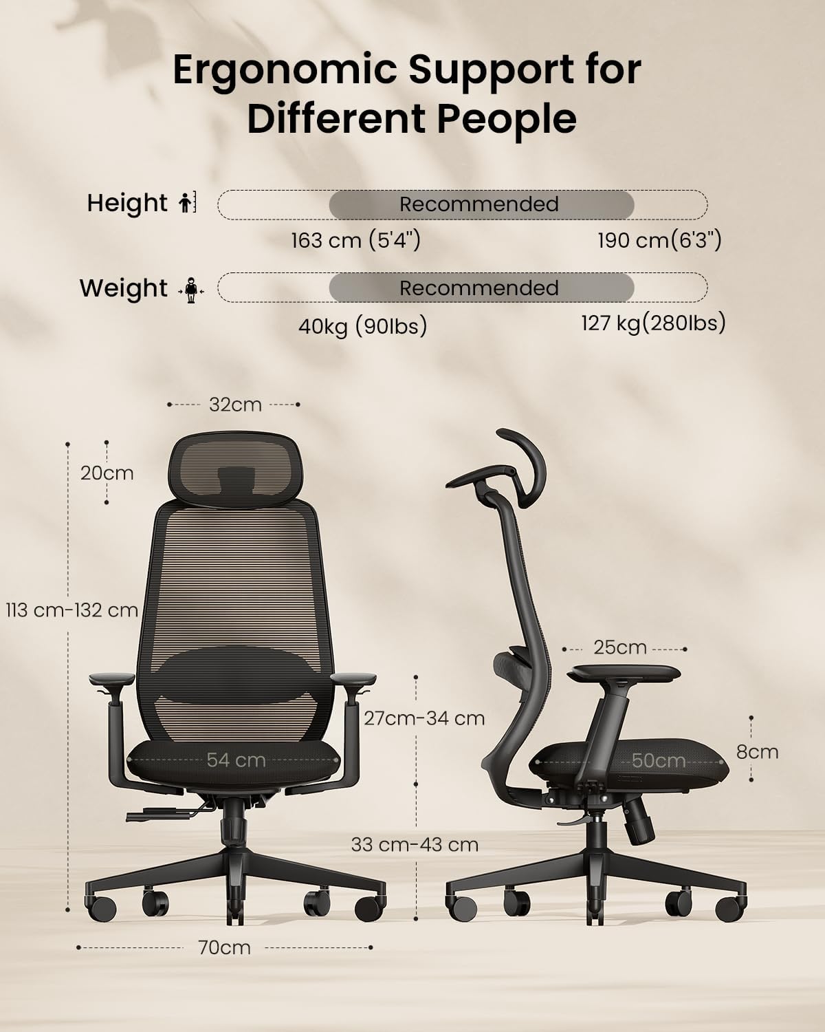 ProtoArc EC200 computertafelstoel - ergonomische lendensteun en glijdende zitting, 3D-hoofdsteun en armleuningen, ideaal voor lang zitten thuis - zwart