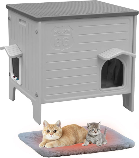 HiCaptain Kattenhuis Outdoor Winterbestendig Katten Kunststof Verwilderd Outdoor Kattenhuis Welpenverblijf voor Kleine tot Middelgrote Huisdieren Huisdier-looprooster Afdekking Grijs