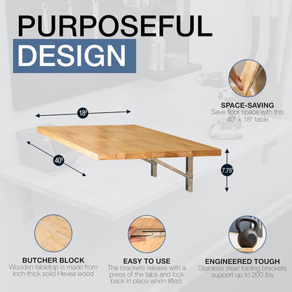 StoreYourBoard Wandmontage opvouwbare werkbank, garage en huis industriële kwaliteit massief houten tafelblad, houdt 200 lbs