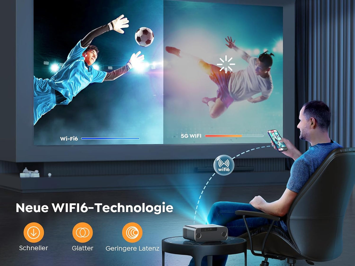 YABER Projector met autofocus/trapeziumcorrectie, 1080p full HD-beamer, ondersteunt 4K-video met wifi6 bluetooth, YABER 26.000 lumen, draagbare projector voor buiten, 7600 cm display, voor
