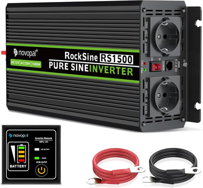 NOVOPAL 1500 W KFZ zuivere sinus spanningsomvormer auto omvormer 12 V naar 230 V omvormer converter met 2 EU stopcontact en USB-poort incl. 5 meter afstandsbediening piekvermogen 3000 Watt