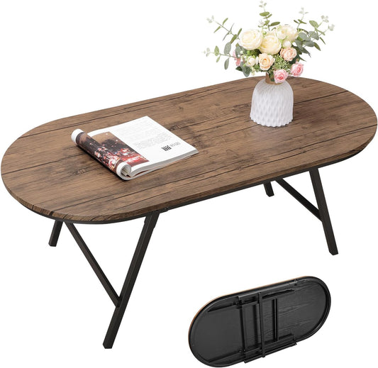 Opvouwbare salontafel voor kleine ruimtes, hout en metaal, ovale salontafels, geen montage, lage salontafel voor woonkamer, huis, kantoor, lichtbruin