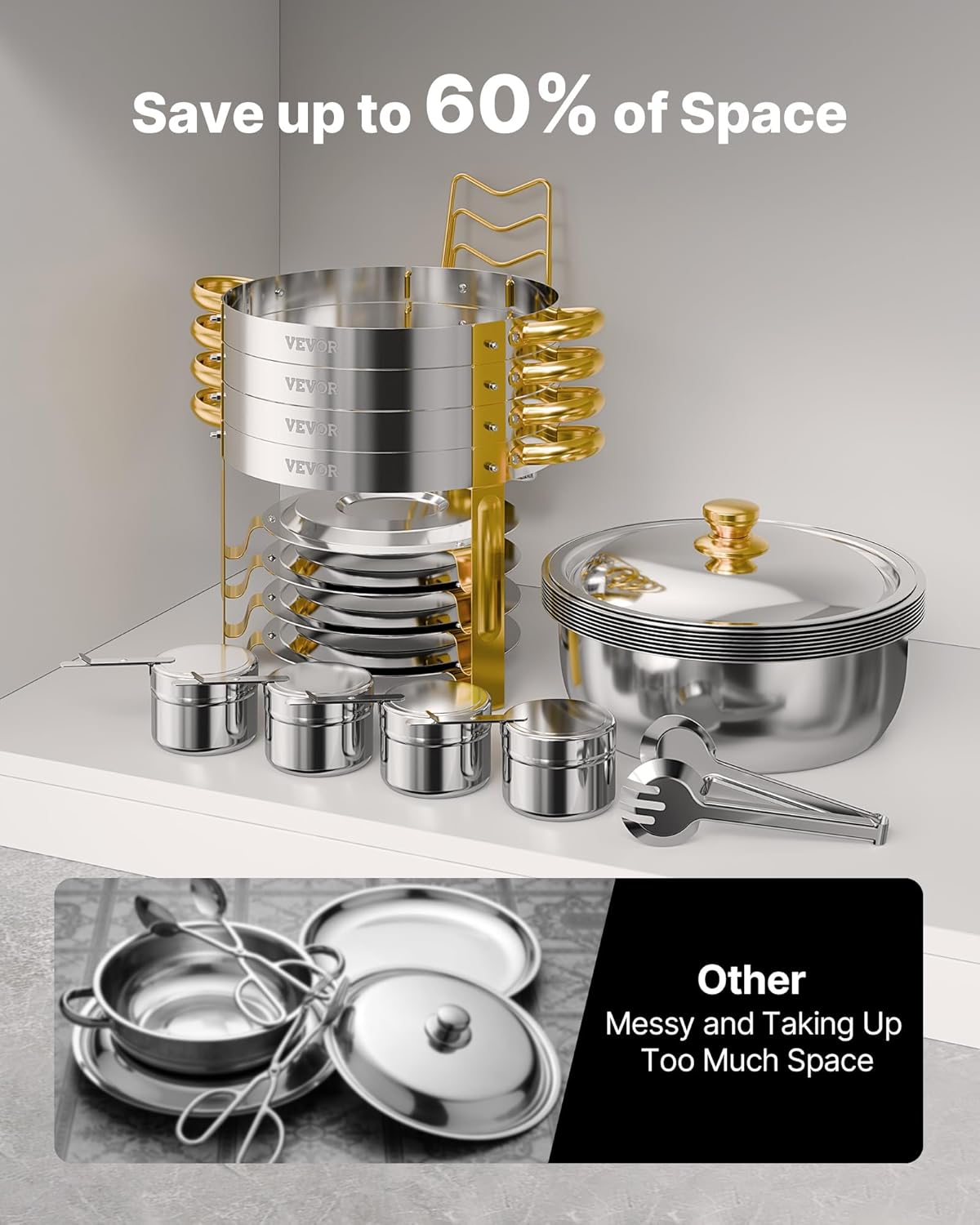 VEVOR Buffetwarmer met 4 containers in volledige grootte (elk 4,7 l), rond, voor catering, met deksel, waterschaal en opvouwbare standaard, voor bruiloften en feesten, goudkleurig