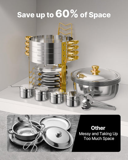 VEVOR Buffetwarmer met 4 containers in volledige grootte (elk 4,7 l), rond, voor catering, met deksel, waterschaal en opvouwbare standaard, voor bruiloften en feesten, goudkleurig
