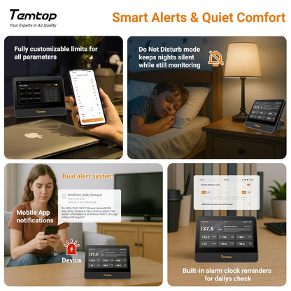 Temtop WiFi-luchtkwaliteitsmonitor M100 2e, 7 inch touchscreen CO2-detector voor binnen en luchtkwaliteitstester voor PM2.5 PM10 TVOC temperatuurvochtigheid, luchtanalysator voor thuiskantoor met