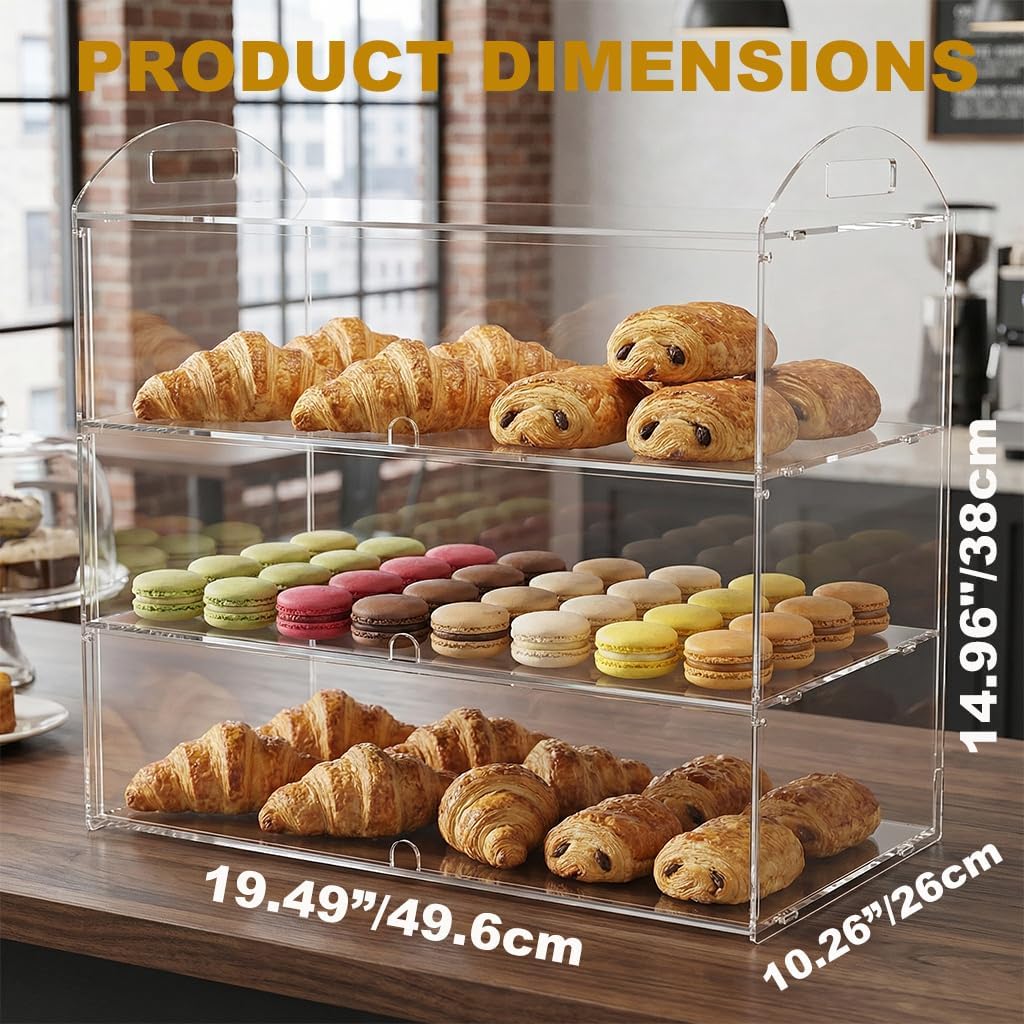 3-Tier Commercieel Bakkerij Vitrine met Handvat, 49,5 x 38 x 26 cm Vitrine voor Banketbakkerij Voedsel Display Kast voor Brood Dessert Koekje Bakken