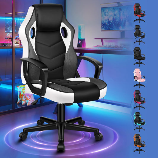 ALFORDSON Gamingstoel, PC-computer racestoel, ergonomische draaibare bureaustoel met wielen, gemaakt van PU-leer en stof, wit, voor thuisgebruik, wit