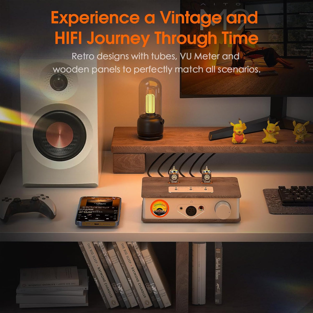 Douk E2-buizen hoofdtelefoonversterker met XLR/4,4 mm/6,35 mm/RCA uitgangen, hifi-stereo voorversterker met VU-meetapparaat voor hoofdtelefoon, thuisversterker, actieve luidsprekers