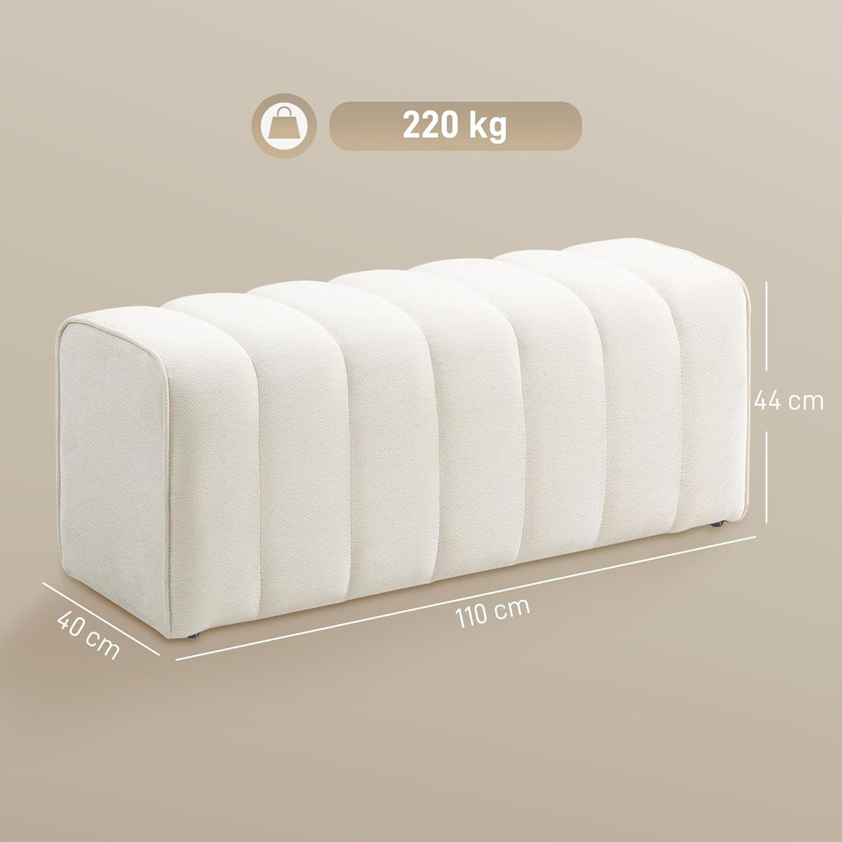 Zitbank – Bank – Sofa – Slaapbank – Zithoek – Gestoffeerd Met Linnenlook – Max. Belastbaar 220 Kg – 110x40x44 Cm – Crèmewit
