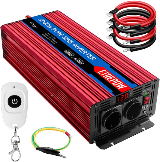 <font dir="auto" style="vertical-align: inherit;"><font dir="auto" style="vertical-align: inherit;">        3000W/6000W Pure Sine Wave Power Inverter 12V 230V with 2 EU Plug and 1 USB Port, Wireless Remote Control        </font></font>