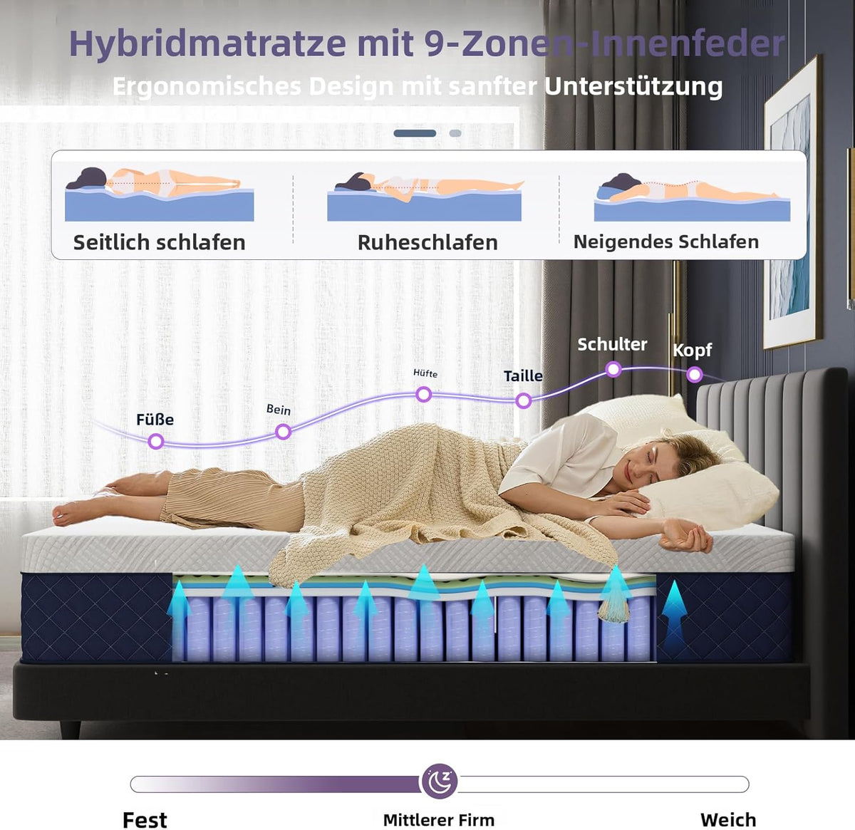 Matras 120 x 200 cm, veermatras H3, hoogte 29 cm, 7 zones, orthopedische pocketveringmatras met comfortabele traagschuimlaag, Öko-Tex gecertificeerd