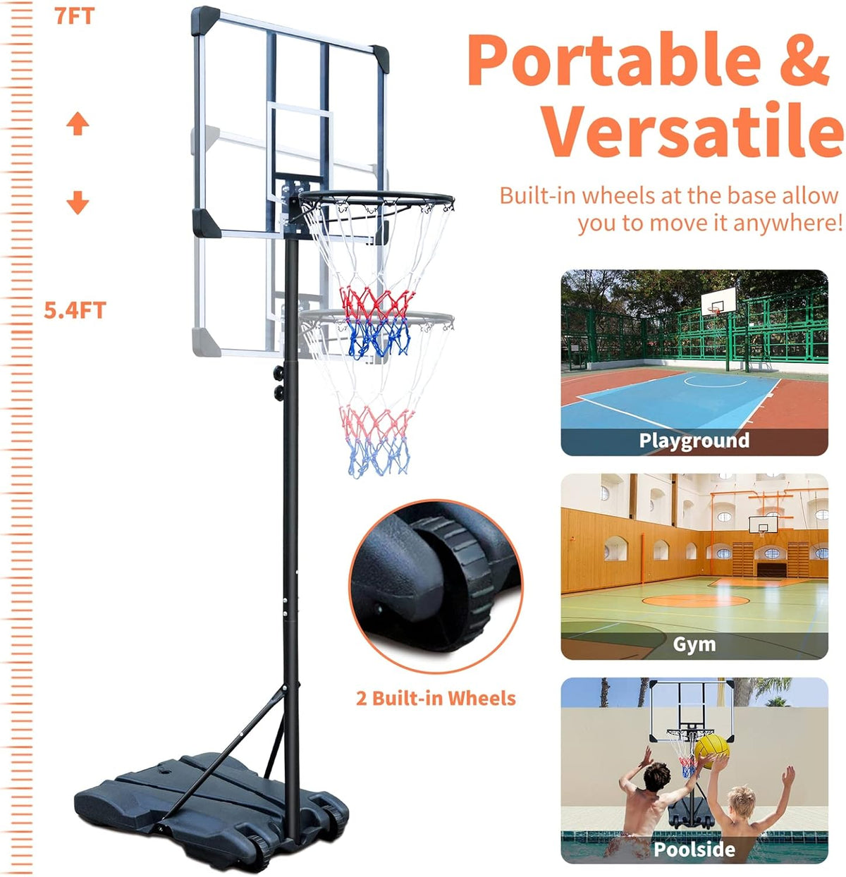 HIONRE Draagbare 7ft Basketbal Transparante Backboard Hoop Net Set Professionele Outdoor Basketbal Stand met Wielen, Verstelbare Hoge 165cm-213cm, Zwart