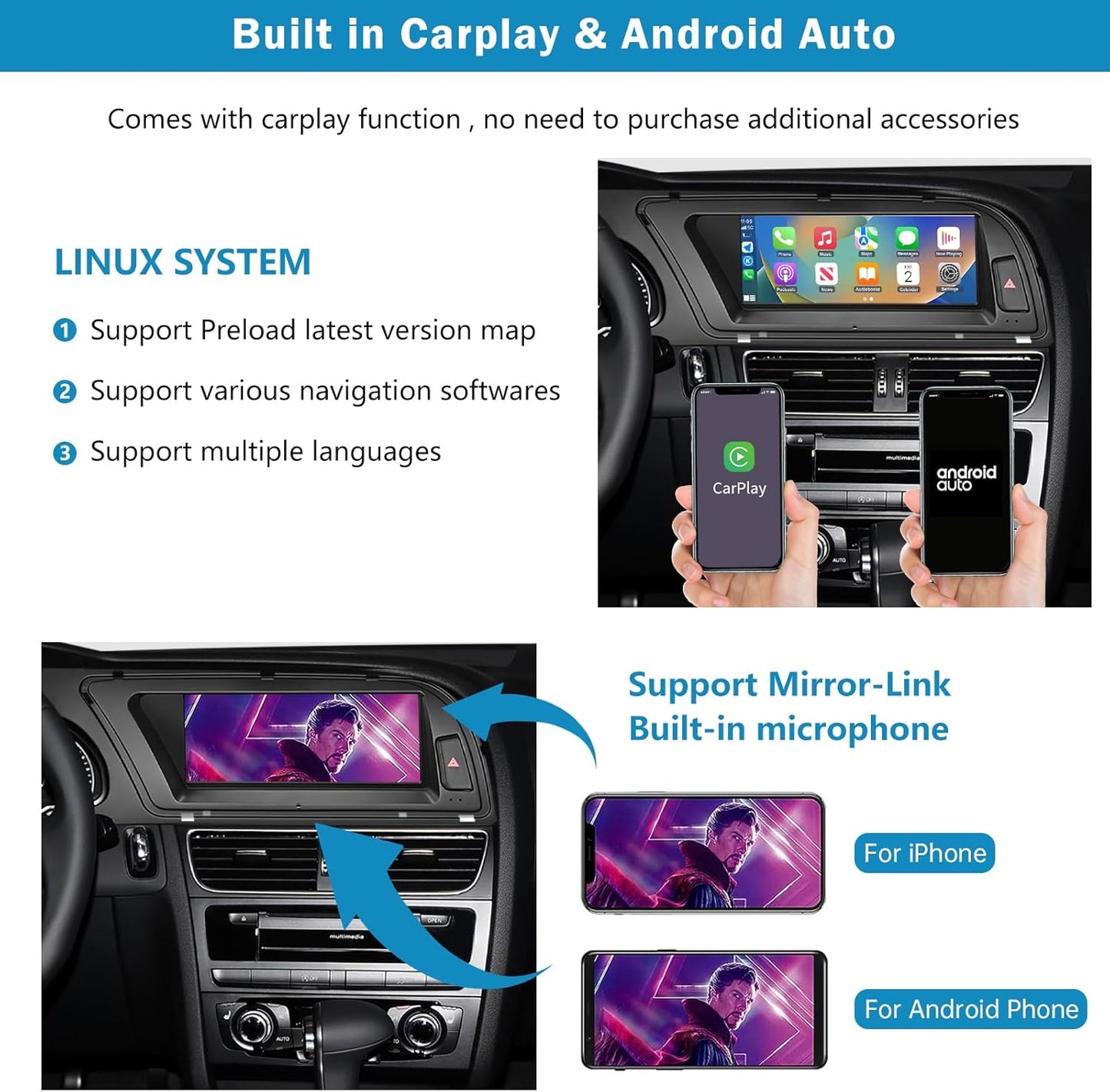 Ninetom Autoradio 8,9 Inch Touchscreen met Wireless Carplay en Android Auto voor 2009-2016 Audi A4 S4 met 3G MMI+ Systeem, Ondersteunt Mirrorlink, Camera, Navigatie