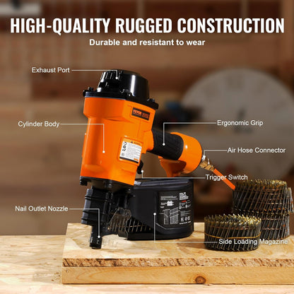 VEVOR Pneumatic Roller Nailer 45-70 mm Pneumatic Spool Nailer 15° MCN70 70-120 PSI Nail Head Φ5.5 - Φ7 mm Nail Gun for Pallets, Crates, Frames Cladding Fences