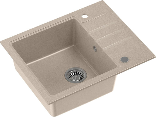 Quadron Granieten gootsteen, afmetingen 62 x 50 x 20 cm, kleur: beige en staal, PETER 116 enkele gootsteen, granieten spoelbak, met handmatige sifon en afdruipvlak
