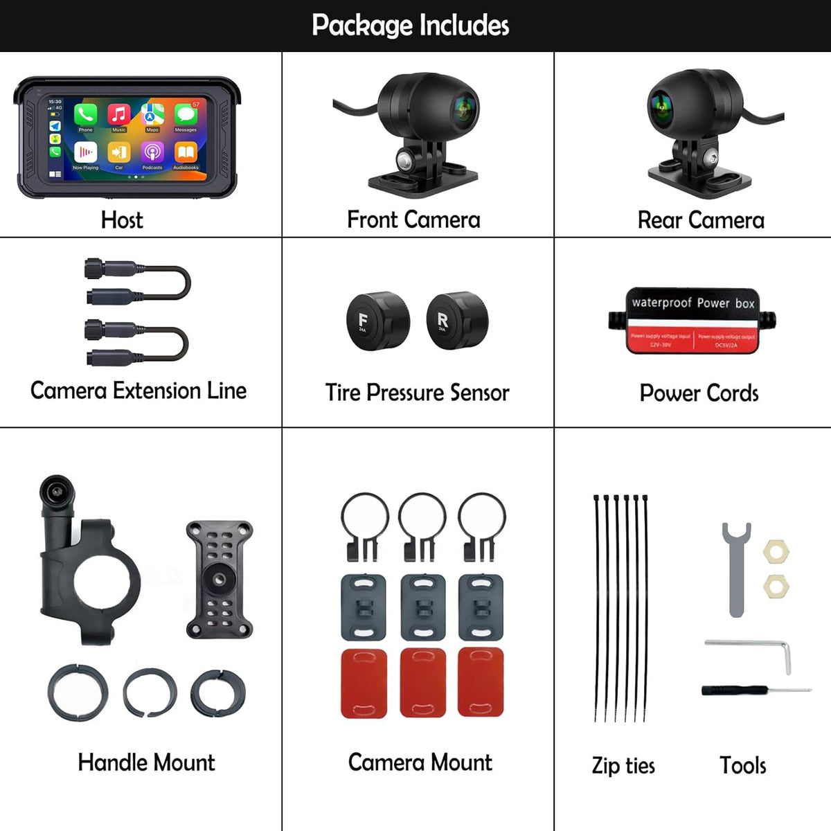 ydi Waterdichte motorfiets dashcam met draadloze CarPlay & Android Auto, 5" IPS-aanraakscherm, camera voor en achter, HD 1080P, TPMS, Bluetooth, Wi-Fi, GPS, max. 256 GB