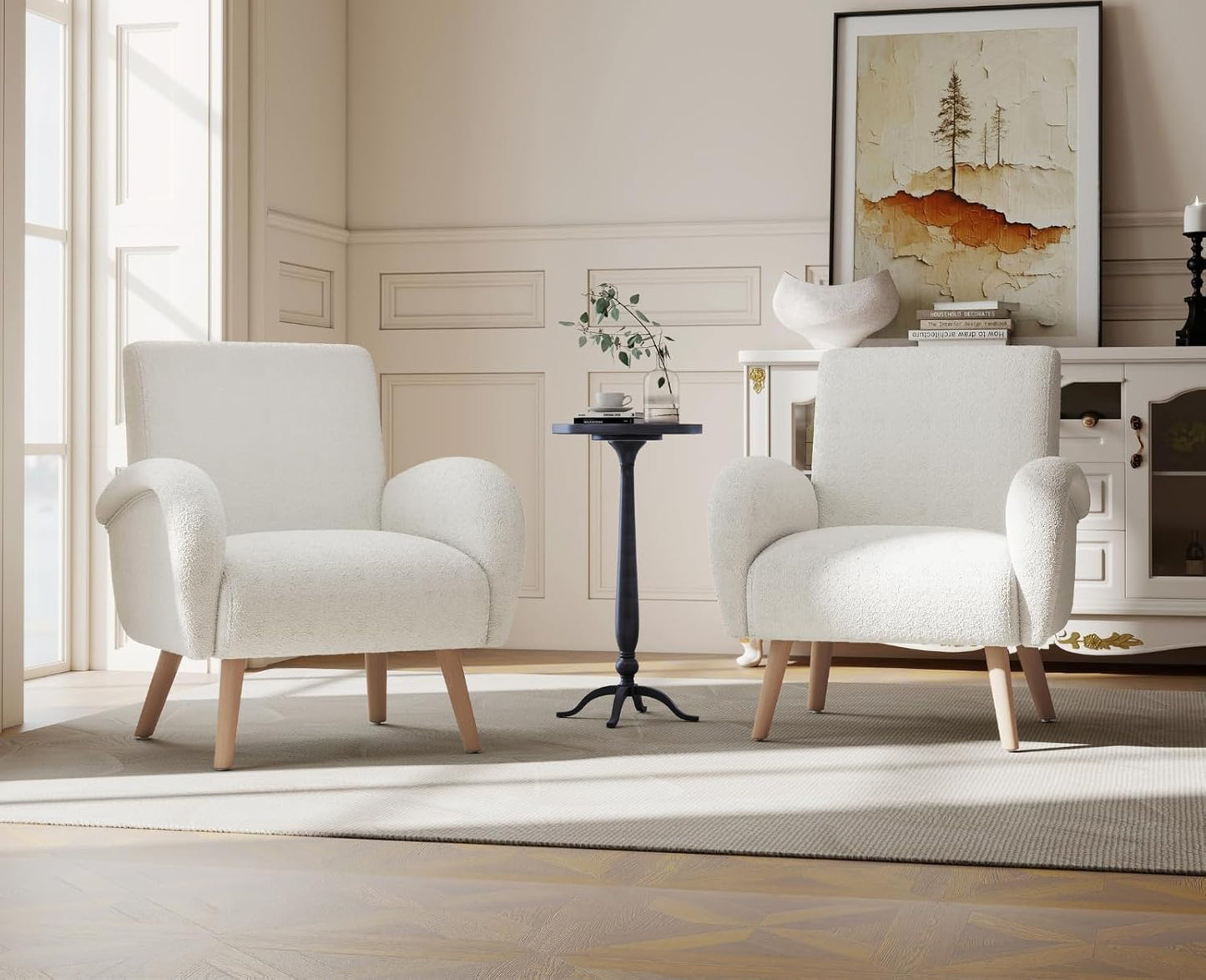 Armchair Upholstered Chair Modern Fur Chair with Wooden Legs Upholstered Chairs for Bedroom/Living Room White
