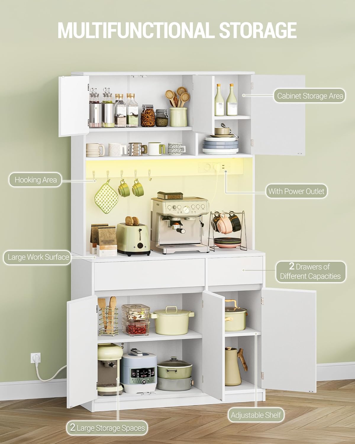 Hzuaneri Kitchen Cabinet, Buffet Cabinet, Tall Cabinet with Sockets and LED Light Strips, with Worktops and Two Drawers, Adjustable Shelves, Kitchen, 40 x 100 x 180 cm, White, PT00203XEU