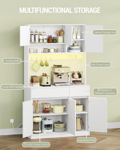 Hzuaneri Kitchen Cabinet, Buffet Cabinet, Tall Cabinet with Sockets and LED Light Strips, with Worktops and Two Drawers, Adjustable Shelves, Kitchen, 40 x 100 x 180 cm, White, PT00203XEU