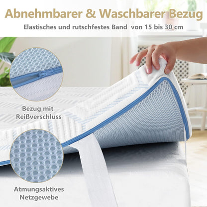 Matrastopper – Topper – Matrasbeschermer – Slaaptopper – Matrasverbeteraar – 90 x 200 cm – 10 cm Geltraagschuim en Koudschuim – Wasbare Overtrek en Anti-Slip