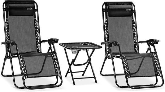 Serenelife Ligstoel, Set van 2 Ligstoelen - Verstelbare Tuinligstoelen met Bijzettafel, 2 Bekerhouders en Afneembare Kussens - Opvouwbare en Draagbare Loungestoelen voor Terras, Tuin, Strand - Zwart