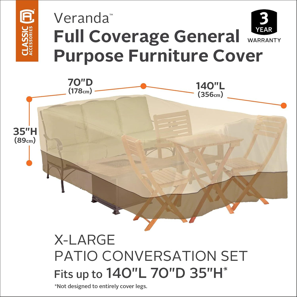 Classic Accessories 55-883-041501-00 Patio Furniture Cover 140" x 70"