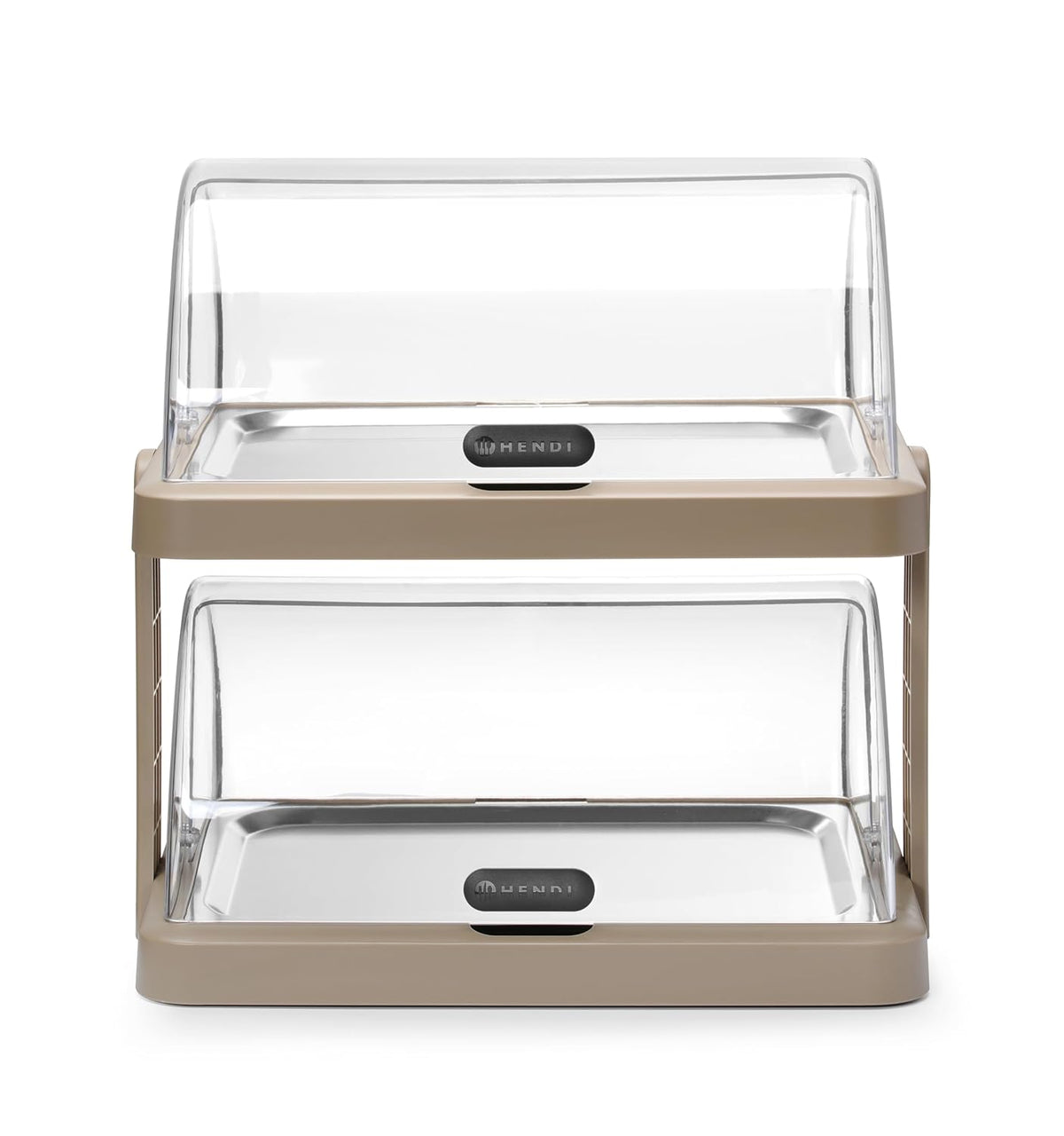 HENDI Buffetvitrine, UNIQ, dubbel, met serveer trays en koelelementen, transparante rolltop, koeldisplay, koelvitrine, buffet display, 480x355x(H)480mm, roestvast staal, ABS, PET, beige
