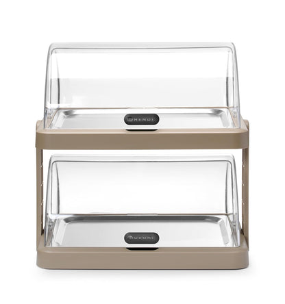 HENDI Buffetvitrine, UNIQ, dubbel, met serveer trays en koelelementen, transparante rolltop, koeldisplay, koelvitrine, buffet display, 480x355x(H)480mm, roestvast staal, ABS, PET, beige