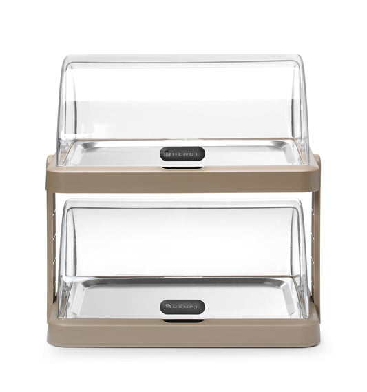 HENDI Buffetvitrine, UNIQ, dubbel, met serveer trays en koelelementen, transparante rolltop, koeldisplay, koelvitrine, buffet display, 480x355x(H)480mm, roestvast staal, ABS, PET, beige