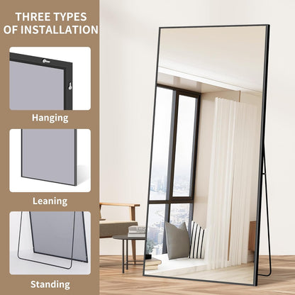 WOLIBEER Grote full-body spiegel, 192 x 85 cm, full-body spiegel met aluminium frame, zwart, rechthoekige wandspiegel, staande spiegel, spiegel voor slaapkamer, woonkamer, kleedkamer, fitnessstudio,