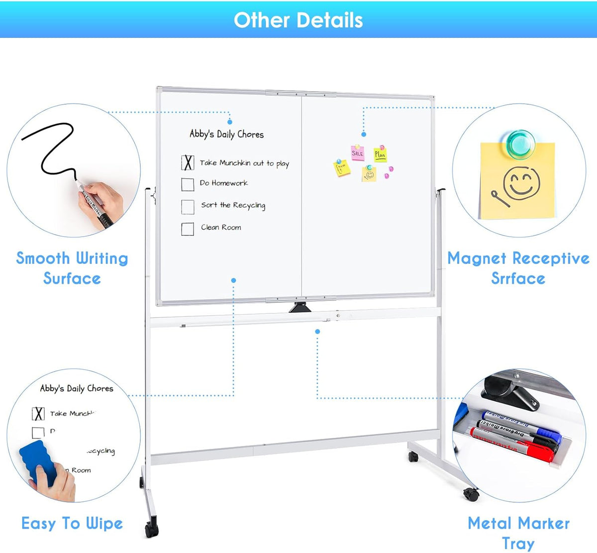 maxtek Rolling whiteboard, 48 x 36 cm, groot magnetisch wit bord met standaard, groot dubbelzijdig wit bord, droog wissen op wielen, voor thuisonderwijs, thuiskantoor, kantoor, school (zilver, 48 x 36