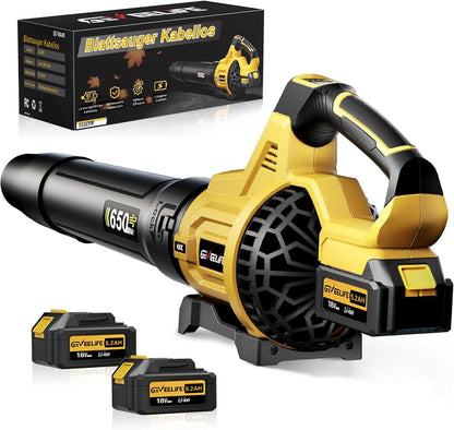 GEVEELIFE Accu-bladblazer, 18 V, 257 km/u, elektrische bladblazer met 3 versnellingen en 2 x 5,2 Ah accu's, draadloze bladblazer voor tuin, bladeren, stof en sneeuw (inclusief batterij), geel