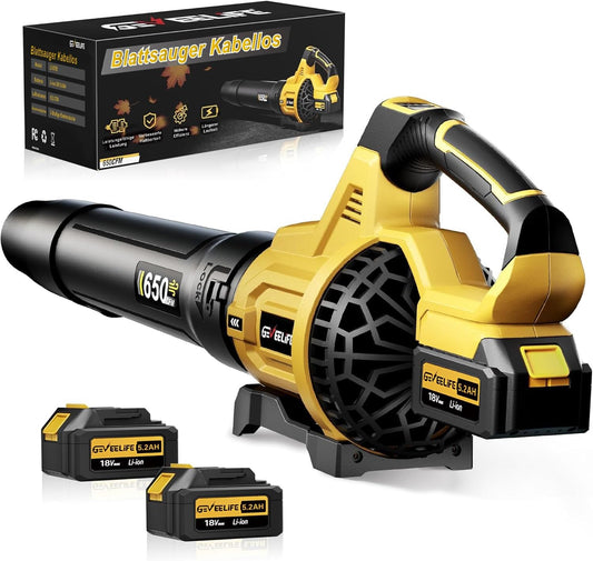 GEVEELIFE Accu-bladblazer, 18 V, 257 km/u, elektrische bladblazer met 3 versnellingen en 2 x 5,2 Ah accu's, draadloze bladblazer voor tuin, bladeren, stof en sneeuw (inclusief batterij), geel