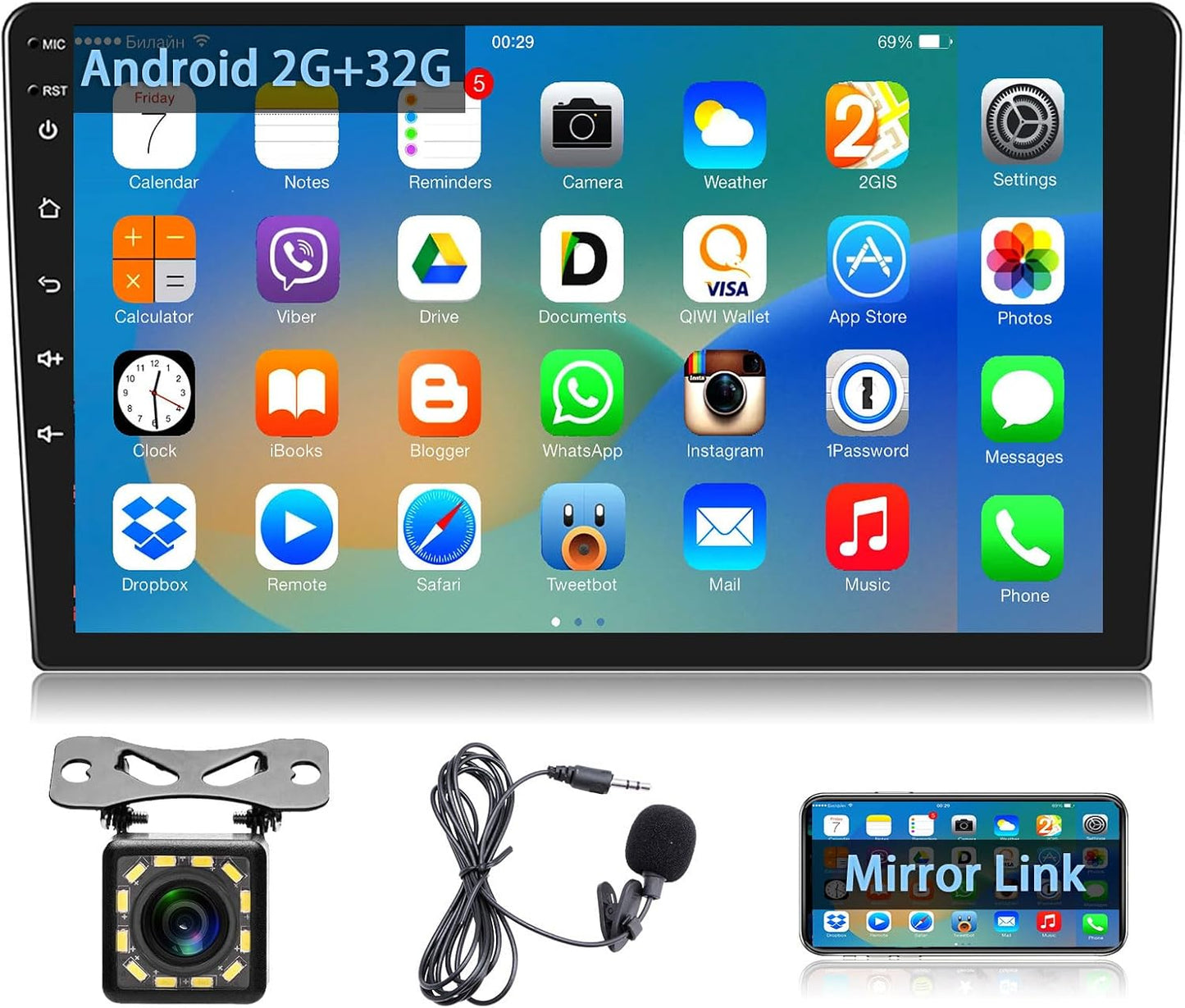 Podofo Android 2 Din autoradio met GPS-navigatie, Bluetooth, 24 bureaubladthema's, 9 inch autoradio met scherm met WiFi, FM/RDS, spiegellink, achteruitrijcamera (2+32G)